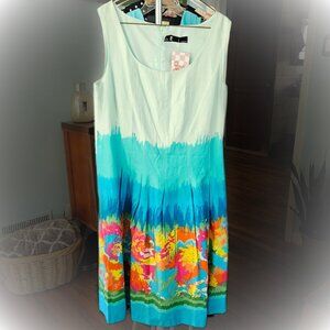 Leslie Fay Blue Pink Yellow Orange Green Floral Midi Dress Women NWT 8